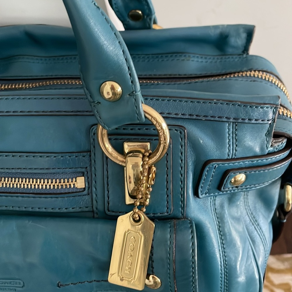 Coach Hampton Lindsay Satchel F12475 Teal Medium Size Structured Pockets Galore - Picture 5 of 16